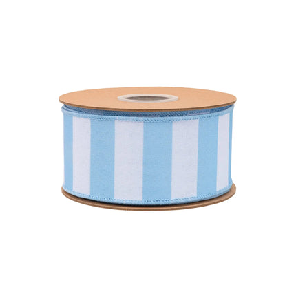 Crisp light blue horizontal stripe 2 1/2" wired ribbon with blue backing, perfect for creating  calming accents in cottage-style spaces.