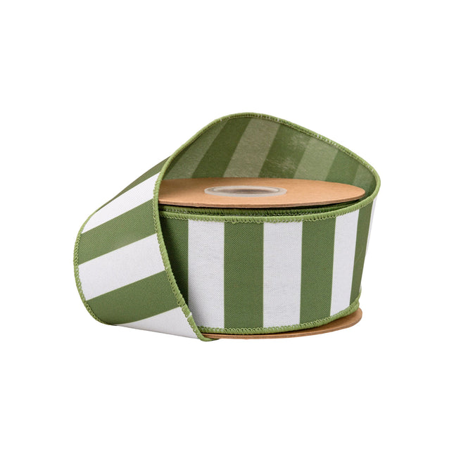 This 2 1/2" Wired Ribbon Green Horizontal Stripe w/ Green Backing — ideal for rustic gift wrapping