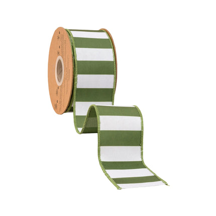 This 2 1/2" Green Horizontal Stripe Wired Ribbon Green Backing — great for gift styling