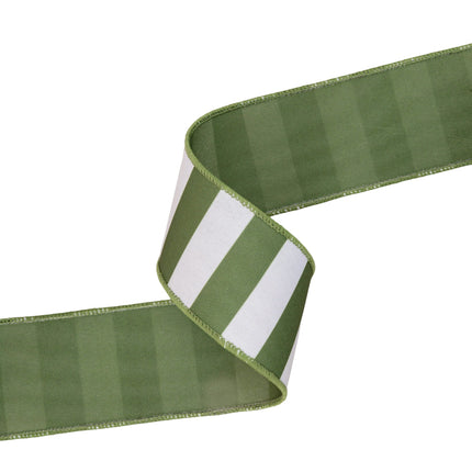 A 2 1/2" Wired Ribbon Green Horizontal Stripe w/ Green Backing — fits gift basket accents