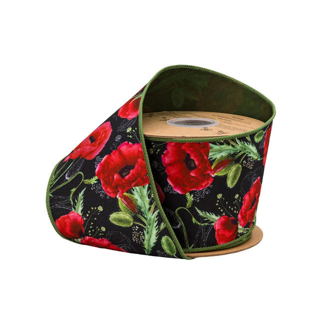 4" Wired Dupioni Ribbon | Poppies on Black w/ Green Backing | 10 Yard Roll LaRibbons and Crafts