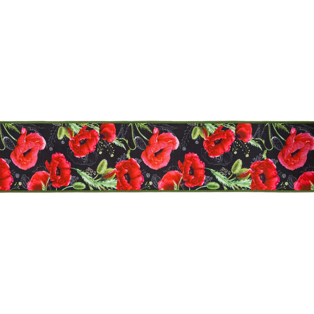 4" Wired Dupioni Ribbon | Poppies on Black w/ Green Backing | 10 Yard Roll LaRibbons and Crafts