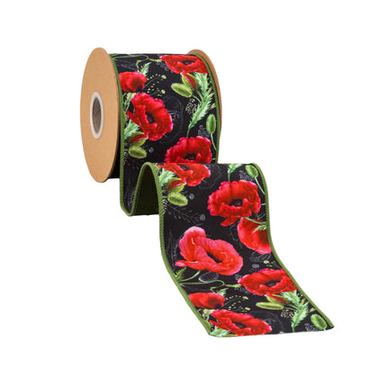 4" Wired Dupioni Ribbon | Poppies on Black w/ Green Backing | 10 Yard Roll LaRibbons and Crafts