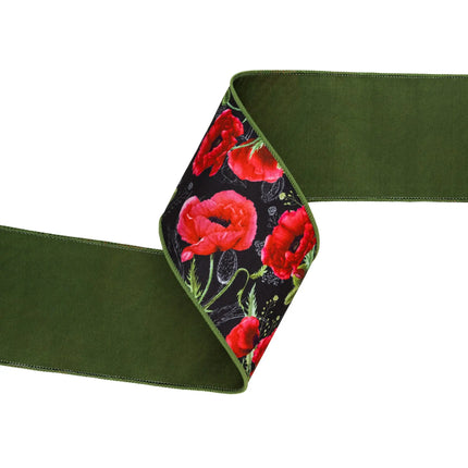 4" Wired Dupioni Ribbon | Poppies on Black w/ Green Backing | 10 Yard Roll LaRibbons and Crafts
