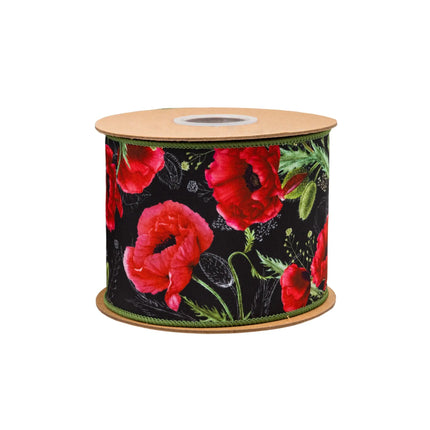 4" Wired Dupioni Ribbon | Poppies on Black w/ Green Backing | 10 Yard Roll LaRibbons and Crafts