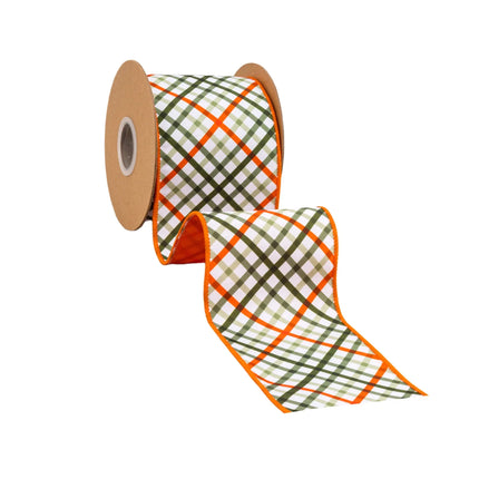 Orange-backed 4" Wired Dupioni Ribbon featuring garden bias plaid, elevates Thanksgiving centerpieces 