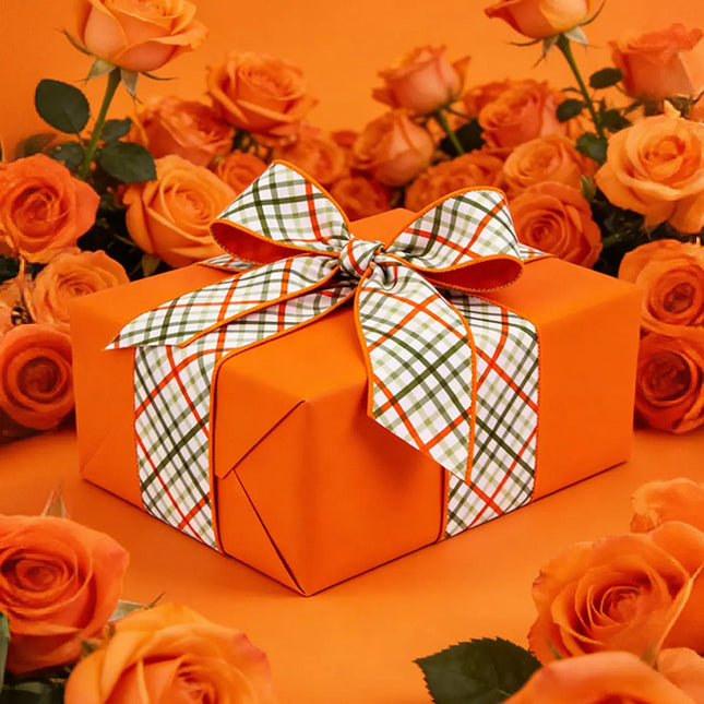 4" Wired Dupioni Ribbon | Garden Bias Plaid w/ Orange Backing | 10 Yard Roll