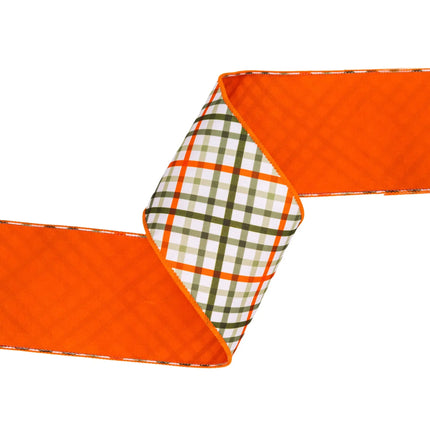4" Wired Dupioni Ribbon, garden bias plaid with orange backing, crafts bold seasonal bows for fall outdoor decor.