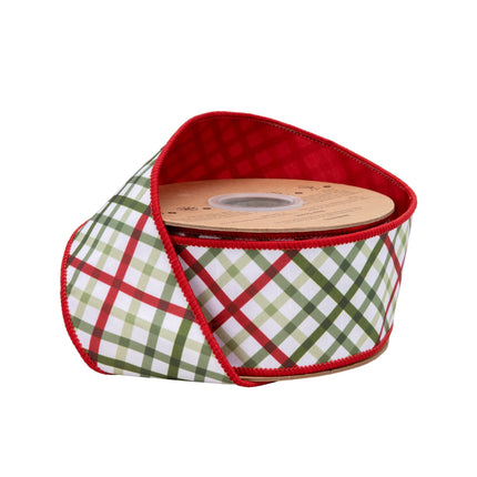 2.5" wired ribbon: garden plaid (green/red/white), red backing. For holiday decor.