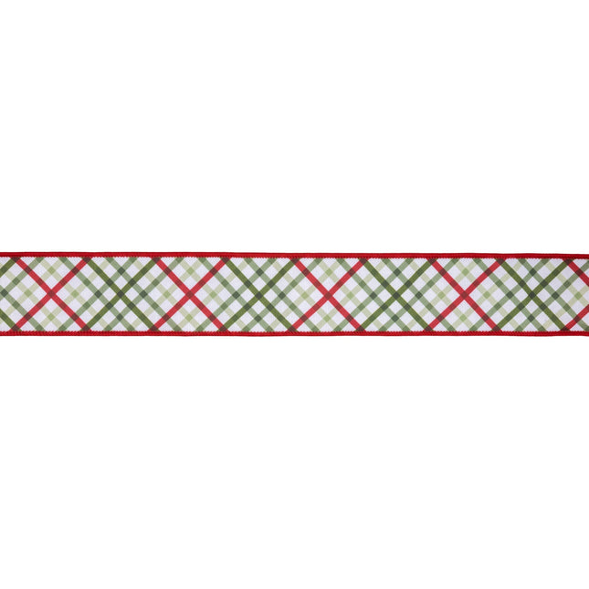 Garden bias plaid ribbon: green/red/white, wired edge. Ideal for gift wrapping.