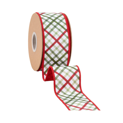 Wired garden plaid ribbon roll: red backing. Versatile for holiday crafts/gifting.