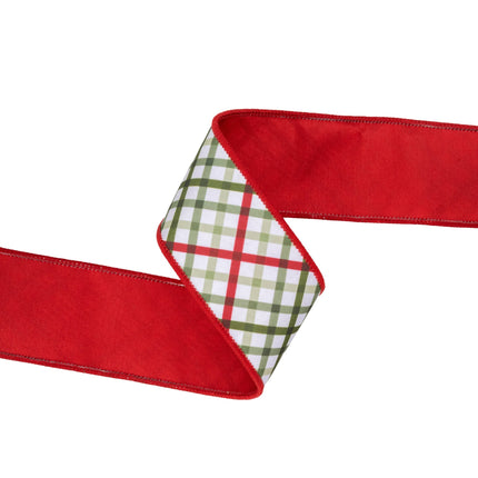 Reversible garden plaid ribbon: wired, red velvet backing. Easy to shape for decor.