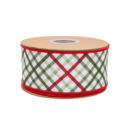 2.5" garden plaid ribbon roll: wired, red backing. Perfect for festive wrapping.