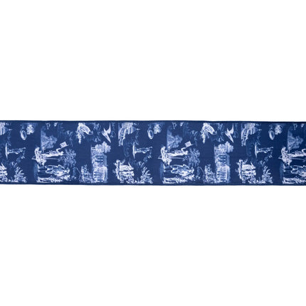 Wide white vintage landscape toile wired ribbon blue stitched edges ideal for summer front door decor 