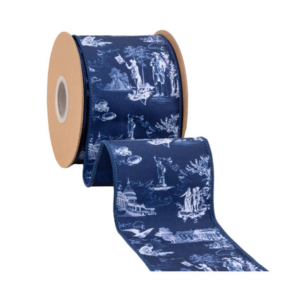 Dark blue patriotic scenic toile wired ribbon roll matching navy blue reverse perfect for flag day gift wrapping