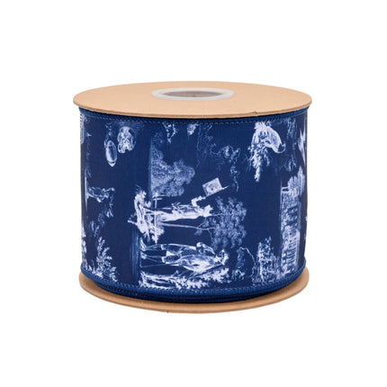 Patriotic Toile Wired Dupioni Ribbon historic illustration pattern full blue backing craft ribbon roll