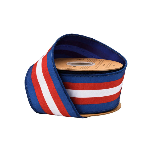 2 1/2" Wired Dupioni Ribbon | Red/White/Blue Center Stripe w/ Blue Backing | 10 Yard Roll LaRibbons and Crafts