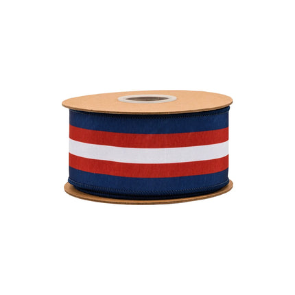 2 1/2" Red White Blue Center Stripe Wired Dupioni Ribbon patriotic band pattern full blue backing 