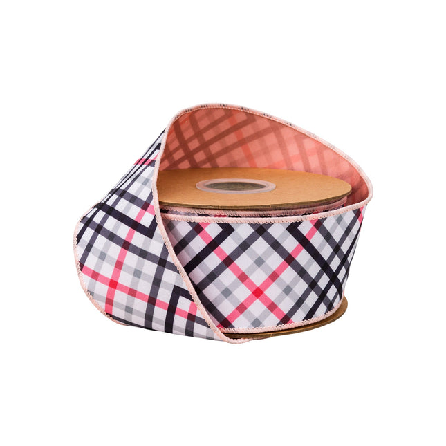 2 1/2" Wired Dupioni Ribbon | Bias Cut Pink and Black Plaid w/ Pink Backing | 10 Yard Roll LaRibbons and Crafts