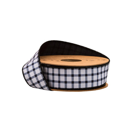 1 1/2" wired dupioni ribbon (black grid on white, black backing), ideal for gift wrapping 