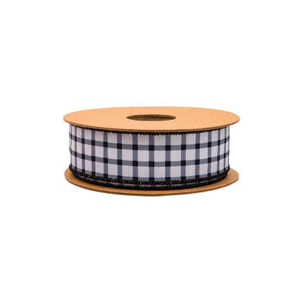1 1/2" wired dupioni ribbon (black grid on white, black backing), ideal for bundling book gifts