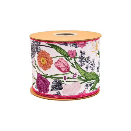 Double-Side Floral Stems Dupioni Ribbon and Blue White Decorative Stripe with Bright Light Orange Dupioni Ribbon|3 Rolls |30 Yards