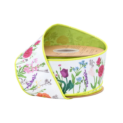 2 1/2" Wired Dupioni Ribbon, Horizontal Floral Stems, Green Backing 