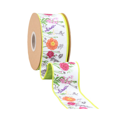 Spring Day Floral Stems with Pink/White Herringbone Ribbon Bundle 3 Rolls |30 Yards