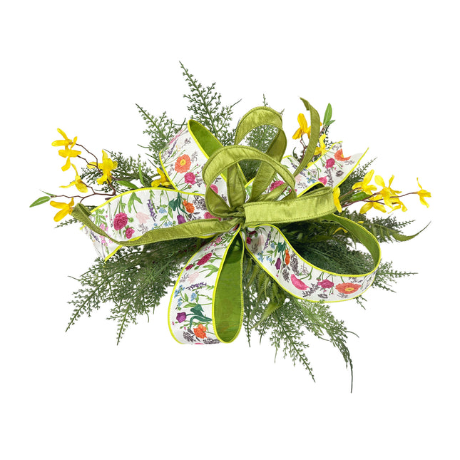 2 1/2" Wired Dupioni Ribbon | Horizontal Floral Stems w/ Green Backing | 10 Yard Roll