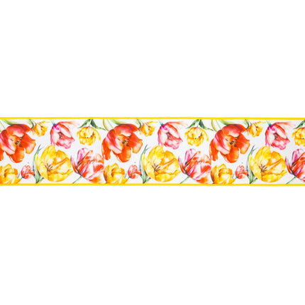 Lush Tulip Print 4" wired dupioni ribbon with a sunny yellow backing, ideal for crafting statement bows