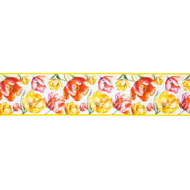Lush Tulip Print 4" wired dupioni ribbon with a sunny yellow backing, ideal for crafting statement bows