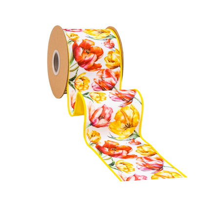 Spring Day Yellow and Pink Tulips with Tone-to-Tone Green Velvet Ribbon Bundle 2 Rolls |20 Yards