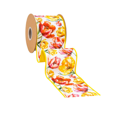 Versatile 4" Wired Dupioni Ribbon, Tulips on White, Yellow Backing, designed for DIY floral arrangements 