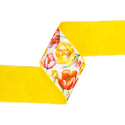 Colorful Botanical 4" wired dupioni ribbon, great for adding a cheerful, nature-inspired flair to table settings 