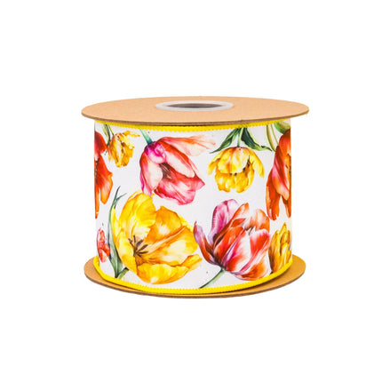 Durable 4" Wired Dupioni Ribbon, Tulips on White, Yellow Backing, perfect for creating long-lasting outdoor spring displays