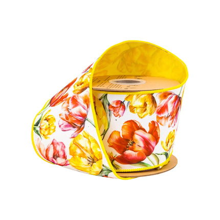 4" Wired Dupioni Ribbon, Tulips on White, Yellow Backing,perfect for spring decor