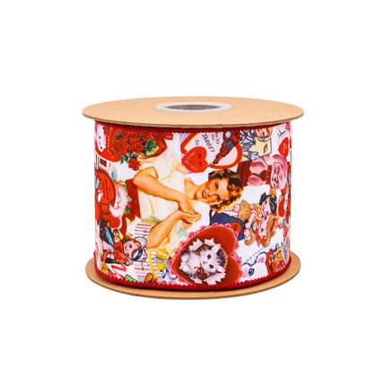Full spool 4" Wired Valentine Ribbon—retro prints, red edge for festive decor.