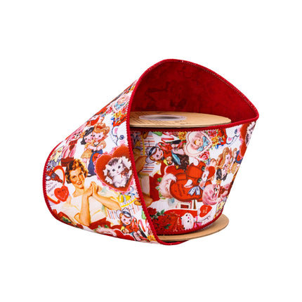4" Wired Vintage Valentine Ribbon spool—retro hearts/kittens, red backing for gifting.