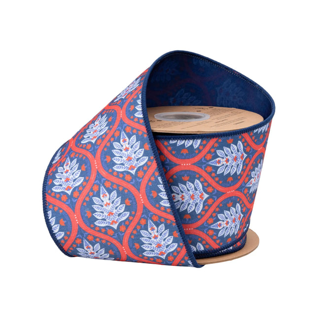 4" Wired Dupioni Ribbon with Red/White/Blue Flame Print and Blue Backing