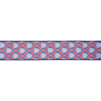 4-inch wired ribbon featuring red-white-blue flame floral pattern on navy base with blue backing