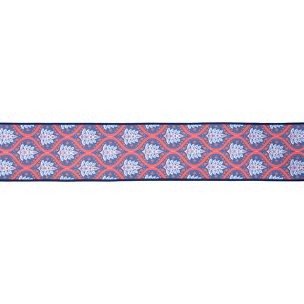 4-inch wired ribbon featuring red-white-blue flame floral pattern on navy base with blue backing