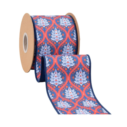 Red, white, and blue flame floral wired dupioni ribbon, 4" width, navy background