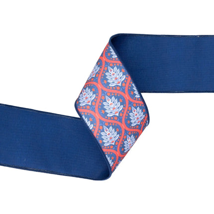 4" red-white-blue flame patterned wired ribbon with solid blue backing