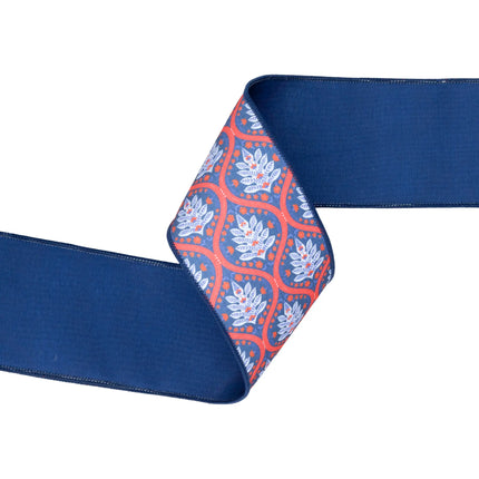 4" red-white-blue flame patterned wired ribbon with solid blue backing