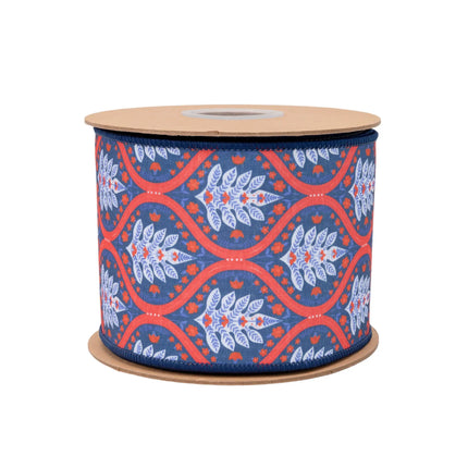 Navy-based 4-inch wired dupioni ribbon with red/white/blue flame print and blue reverse