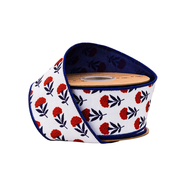 2 1/2" Wired Dupioni Ribbon | Red/White/Blue Floral w/ Blue Backing | 10 Yard Roll LaRibbons and Crafts