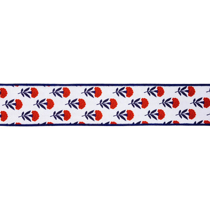 Medium width red flower wired ribbon dark blue stitched edges ideal for Fourth of July decor