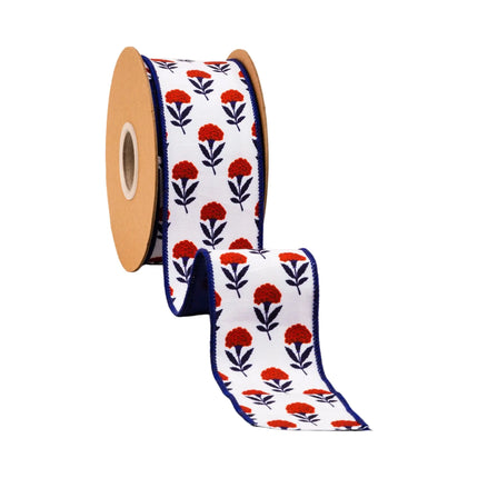 White background red blue floral wired ribbon roll matching deep blue reverse perfect for gift basket wrapping
