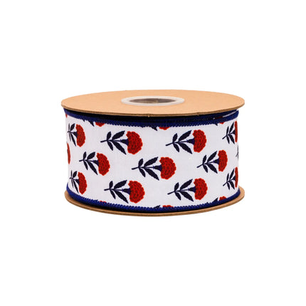 2 1/2" Red White Blue Floral Wired Dupioni Ribbon classic flower pattern full blue backing
