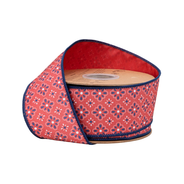 2 1/2" Wired Dupioni Ribbon | Red/White/Blue Diamond Floral w/ Red Backing | 10 Yard Roll LaRibbons and Crafts